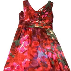 Banana republic womens Red Floral Satin Dress with Pink & Green Accents